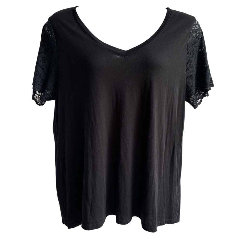Torrid Size 2X Top Lace Sleeve Classic Fit Cotton Blend V Neck Tee Black T Shirt